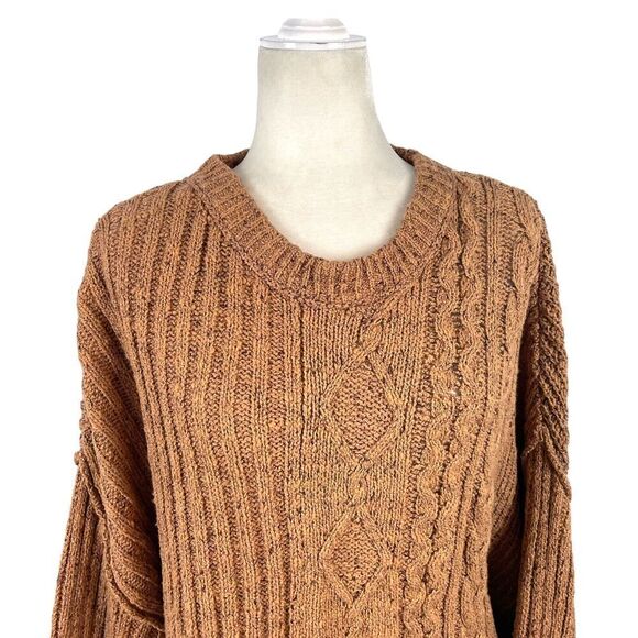 Free People On Your Side Pullover Sweater Small Cable Knit Brown Boxy Cropped - Picture 3 of 16